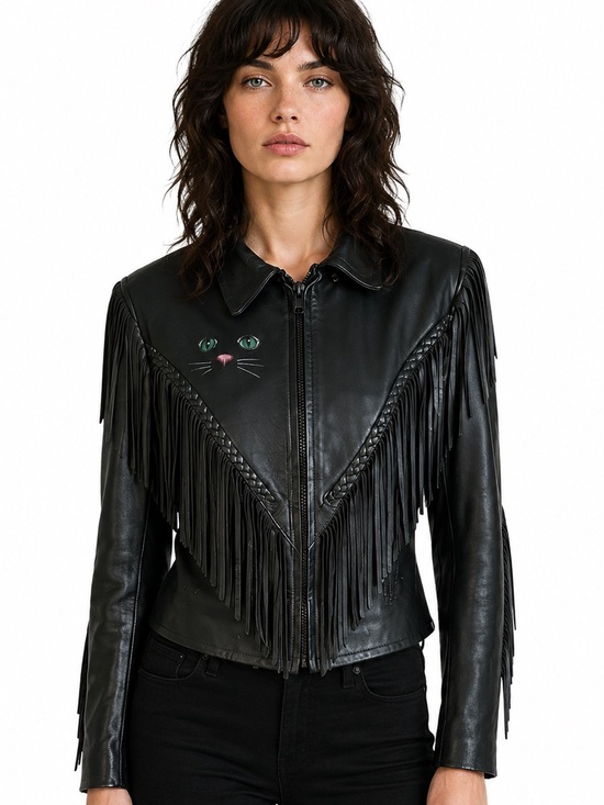 Vintage Jackets & Blazers - Leather Jacket w/ Hand Painted Cat Black Fringe Motorcycle Western Vintage Small